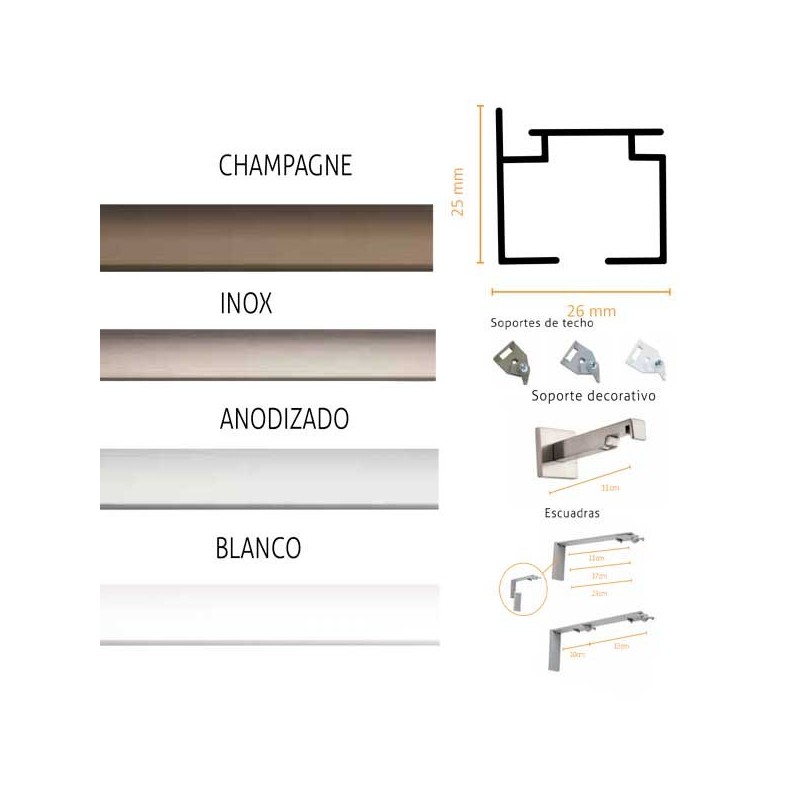 Barra-Riel cuadrada manual a medida para cortina de ONDA soportes a techo  negra